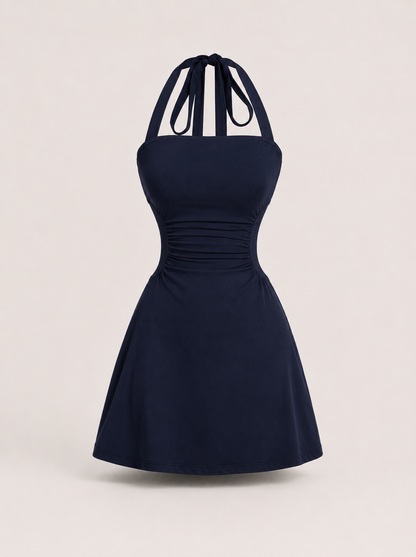 Ruched Tie Back Halter Neck Dress