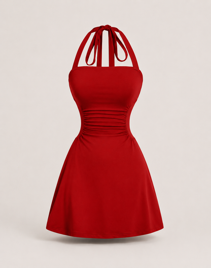 Ruched Tie Back Halter Neck Dress