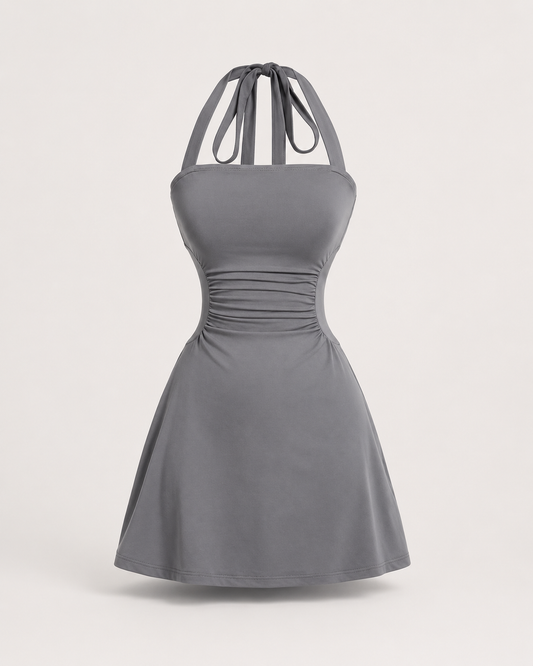 Ruched Tie Back Halter Neck Dress